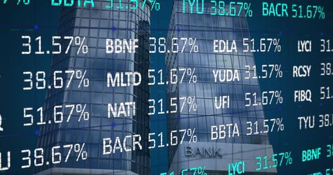 Financial Data Overlay on Skyscraper Banking Hub - Download Free Stock Images Pikwizard.com