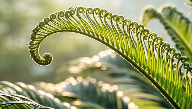 Backlit unfurling fern frond with spiral tip and repeating pinnae pattern in macro detail