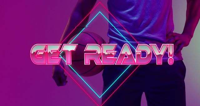 Image of get ready text over basketball player and neon diamonds. Sports and communication concept digitally generated image.