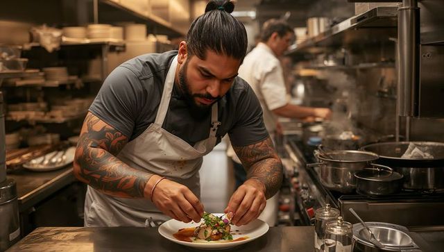 Tattooed chef plating gourmet dish in busy restaurant kitchen