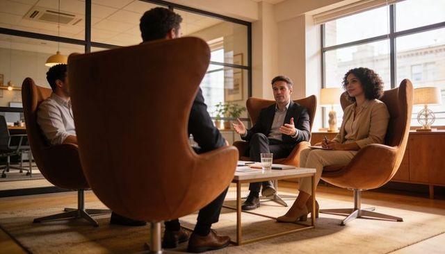 Executive team discussing strategy in modern office lounge during collaborative meeting