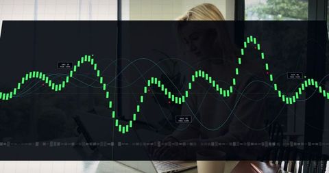 Professional woman typing on laptop with hud analytics overlay and waveform visualization