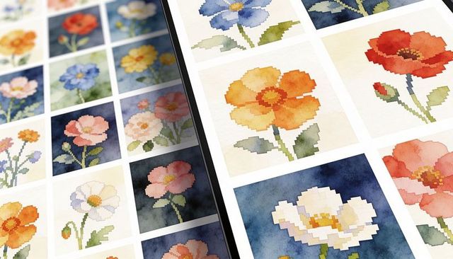 Displaying adjacent printed sheets with grid of watercolor pixelated flower tile designs