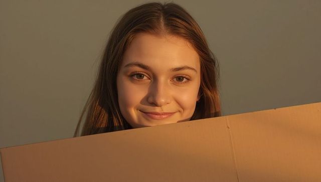 Teenage girl holding corrugated cardboard smiling in warm golden light minimal portrait