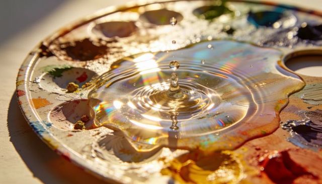 Macro iridescent water droplet rippling over paint palette wells in golden sunlight