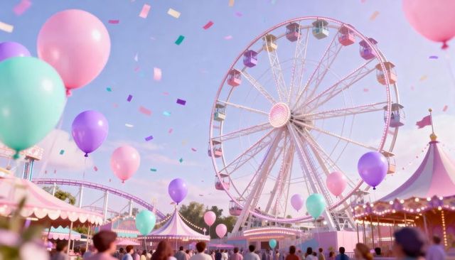 Pastel ferris wheel over fairground with floating balloons, confetti, carnival lights