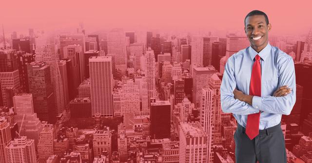 Businessman standing confidently with arms crossed against a cityscape background. Ideal for use in business presentations, corporate websites, promotional materials, or advertisements conveying professionalism, success, and leadership.