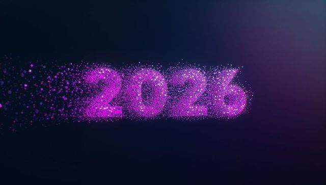 Pulsing magenta 2026 numerals shedding particles across dark navy purple neon gradient