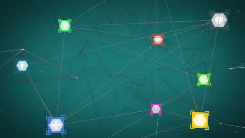 Digital Network with Colorful Icons on Green Background