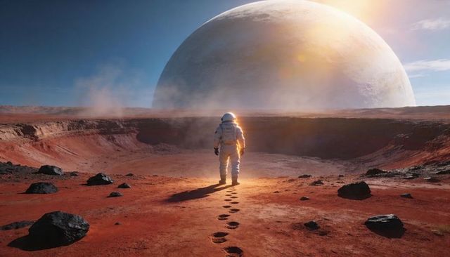 Astronaut standing on red crater rim with giant planet rising at sunrise