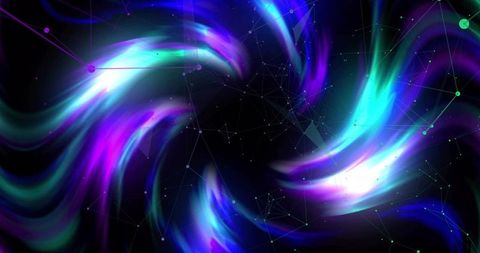 Futuristic neon light streams with network and nodes