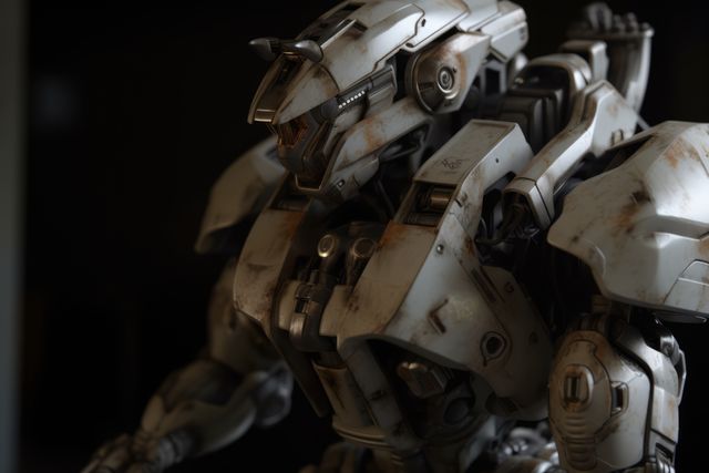 Futuristic military robot displays advanced cybernetic details and worn paint, suggesting heavy use in battle. Useful for illustrating sci-fi concepts, emerging technology, robotics development, and military technology.