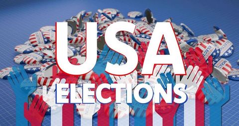 Usa elections bold typography with campaign buttons and raised hands poster