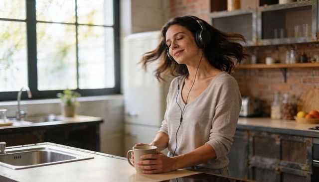 Woman enjoying music wearing headphones in rustic loft kitchen holding coffee mug, smiling