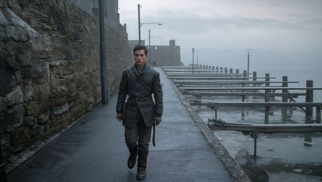 Walking asian man in vintage military coat along misty harbor promenade by stone wall and piers