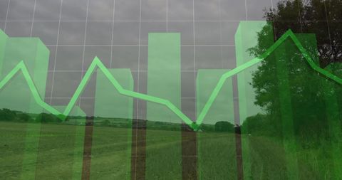 Green graph with countryside backdrop indicates market trends