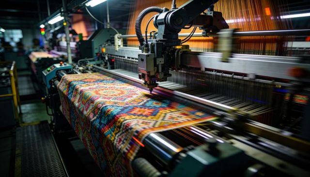 Automated jacquard loom weaving colorful geometric fabric on factory floor
