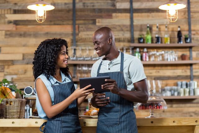 Smiling waiter and waitress using digital tablet at counter in cafe