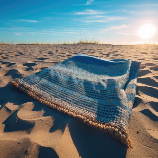 Blue towel with pattern on beach with blue sky and sun, created using generative ai technology. Seaside landscape, vacation, leisure, summer and nature concept digitally generated image.