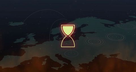 Futuristic Hourglass Icon on European Map with Data Visuals