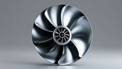 Close-up of shiny metallic compressor fan showcasing engineering precision, streamline design