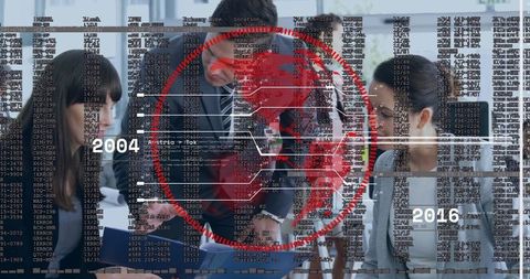 Corporate professionals collaborating with futuristic digital overlay