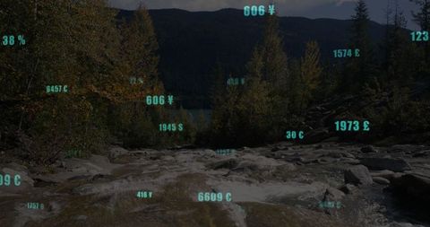 Digital data overlay on tranquil mountain stream landscape