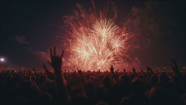 Cheering crowd enjoying nighttime firework display celebrations