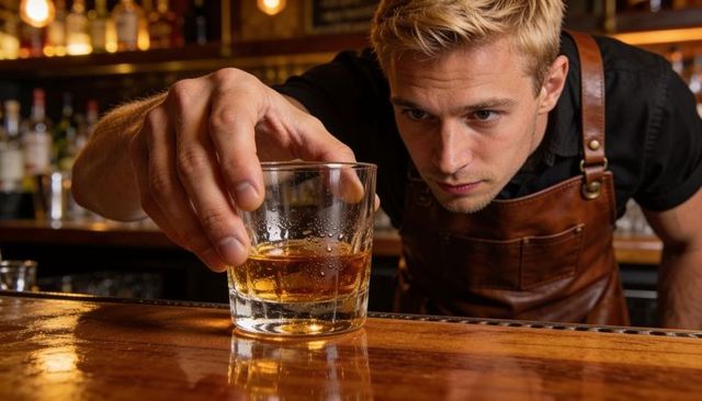 Bartender placing whiskey glass on oak bar inspecting condensation and reflection