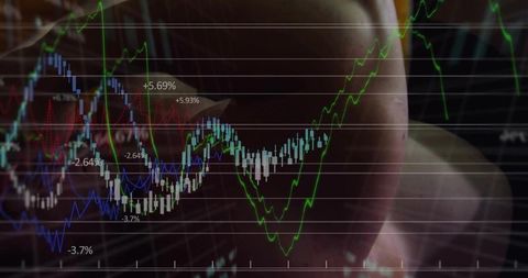 Shirtless male torso blending with translucent financial charts and rising data trends