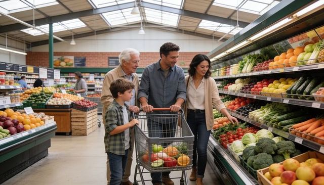 Multigenerational family selecting fresh produce together in bright supermarket aisle