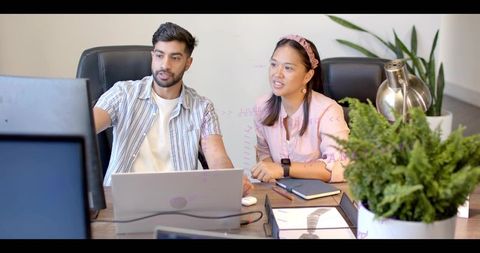 Young professionals collaborating at desk, pointing at monitor with laptop and plants