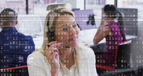 Businesswoman Using Headset with Digital Data Overlay