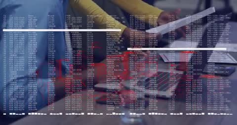 Coworkers Collaborating with Digital Data Overlay in Modern Office