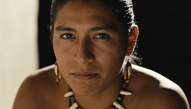 Serious sidelit man gazing directly wearing beaded earrings and tooth necklace, warm headshot