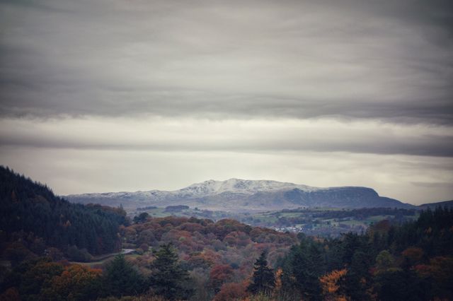 Scenic Landscape of Snow-Capped Mountains with Autumn Trees and Dark Clouds - Download Free Stock Photos Pikwizard.com
