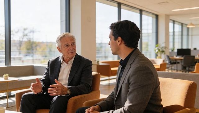 Senior mentor and junior executive exchanging feedback in modern office lounge mentoring