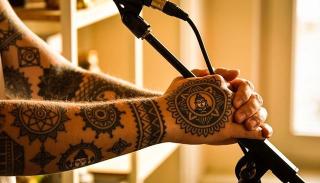 Gripping tattooed forearms holding microphone stand with mandala buddha ink closeup