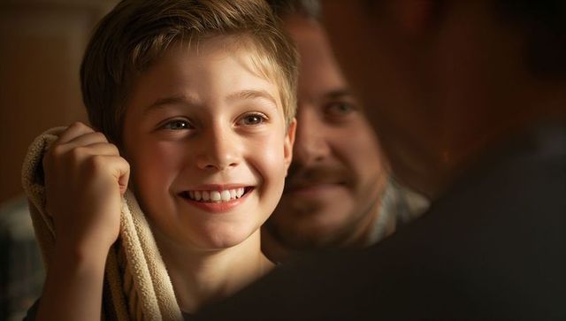 Smiling boy holding towel while father watching warmly at home, intimate family moment