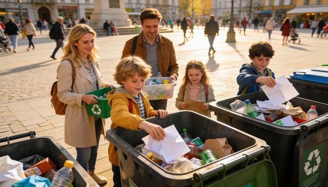 Family sorting recyclables at city plaza during golden hour promoting sustainable lifestyle