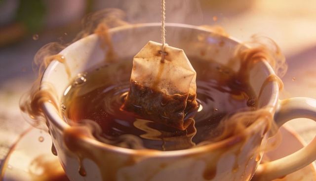 Steeping tea bag in porcelain cup with steam and amber swirls for cozy morning ritual