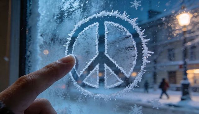 Tracing peace symbol on frosted window with finger, snowy street under warm lamplight