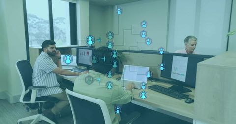 Colleagues Collaborating in Modern Workspace with Network Visualization