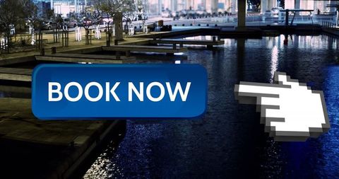 Night City Waterfront with Booking Prompt and Pixelated Cursor