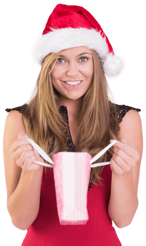 Smiling Woman in Santa Hat with Christmas Gift Bag Transparent