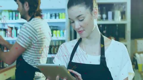 Woman Using Tablet in Cafe with Digital Data Overlay