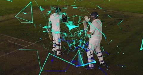 Two cricketers at crease with futuristic teal geometric overlay representing data analytics