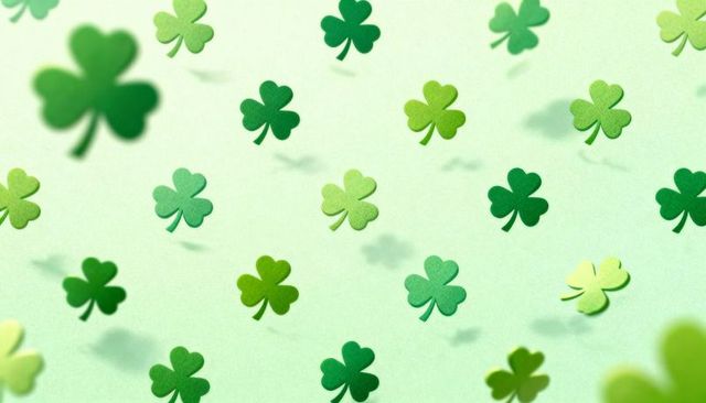 Floating green shamrocks scattering across mint background with soft paper shadows
