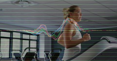 Woman Running on Treadmill with Console Display and Performance Graphs