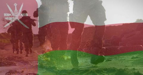 Omani soldiers patrolling muddy terrain splashing boots with Oman flag overlay